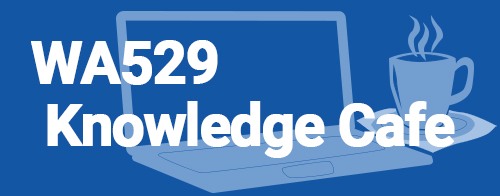 Knowledge Cafe logo - computer with a cup of coffee