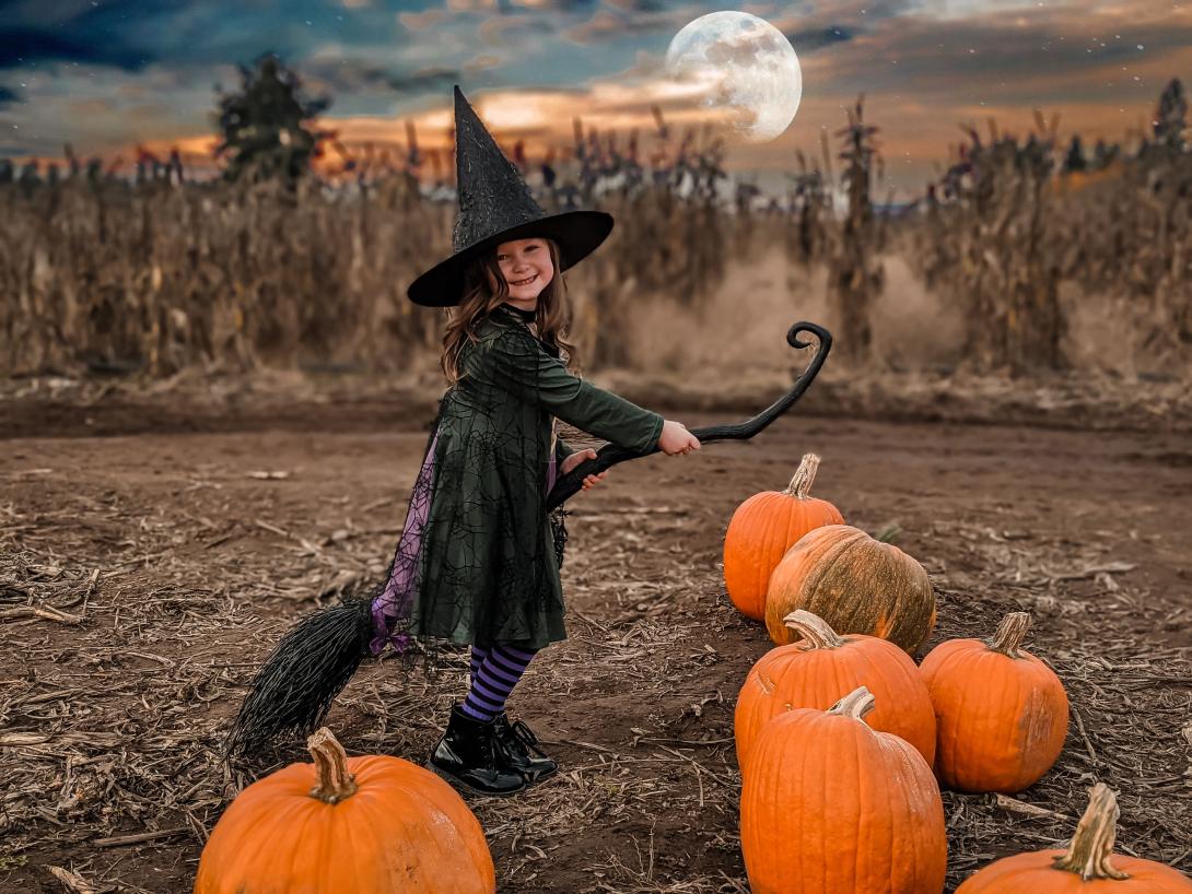 girl witch on broom in a pumpkin patch